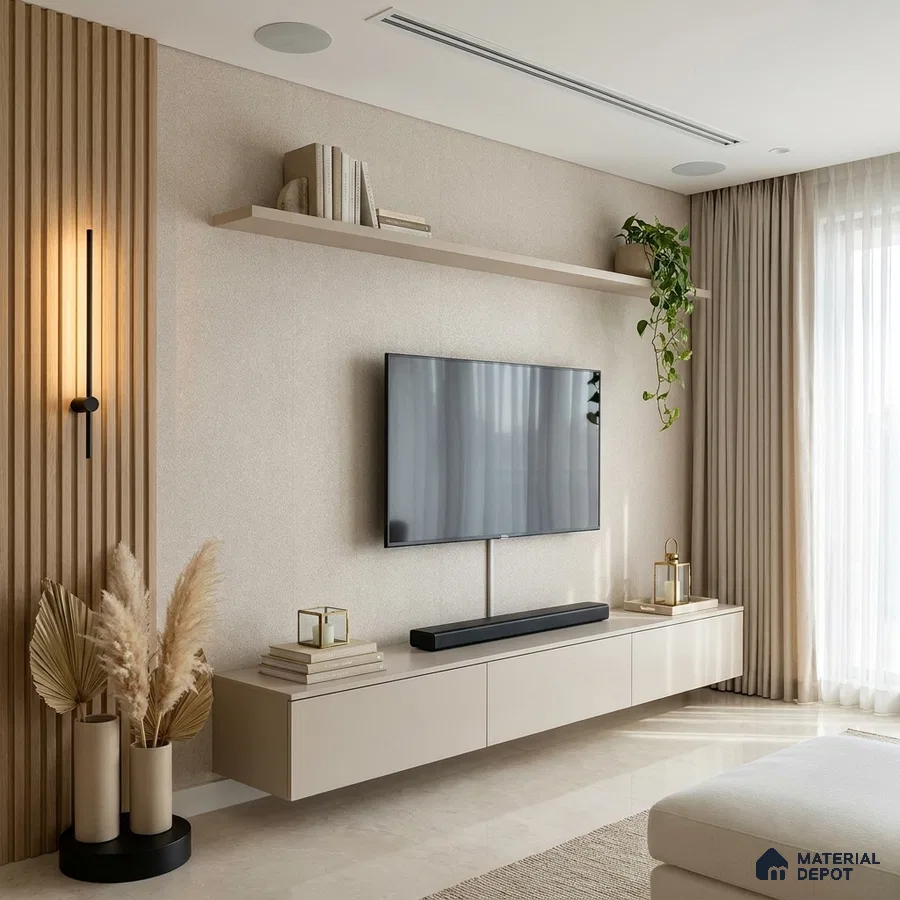 Minimalist living room with beige matte laminate TV unit and light oak fluted wall panels
