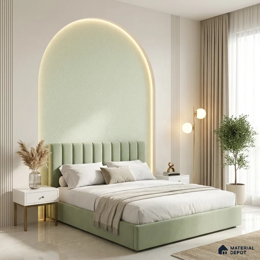 Minimalist bedroom with sage green suede upholstered bed and arched pastel accent wall