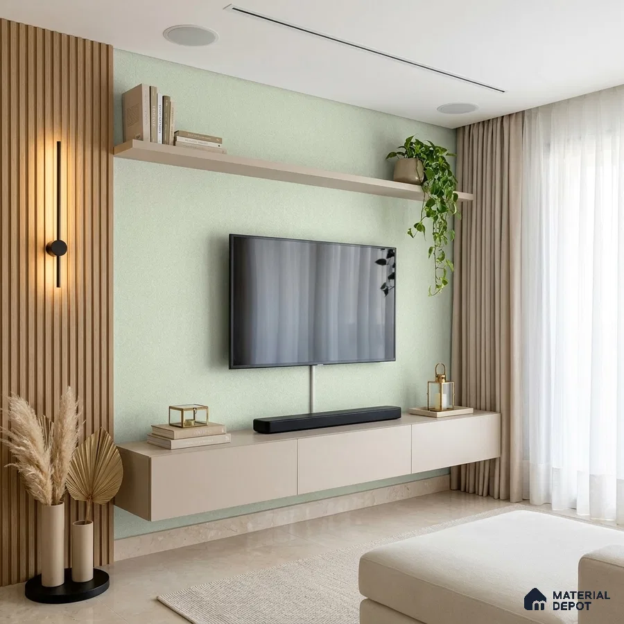 Modern living room with beige floating TV unit, light wood fluted wall panels, and mint green textured wall