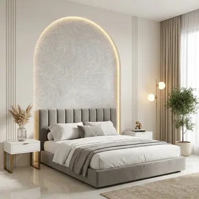 Minimalist bedroom with suede upholstered bed, textured wallpaper accent, and marble floor tile