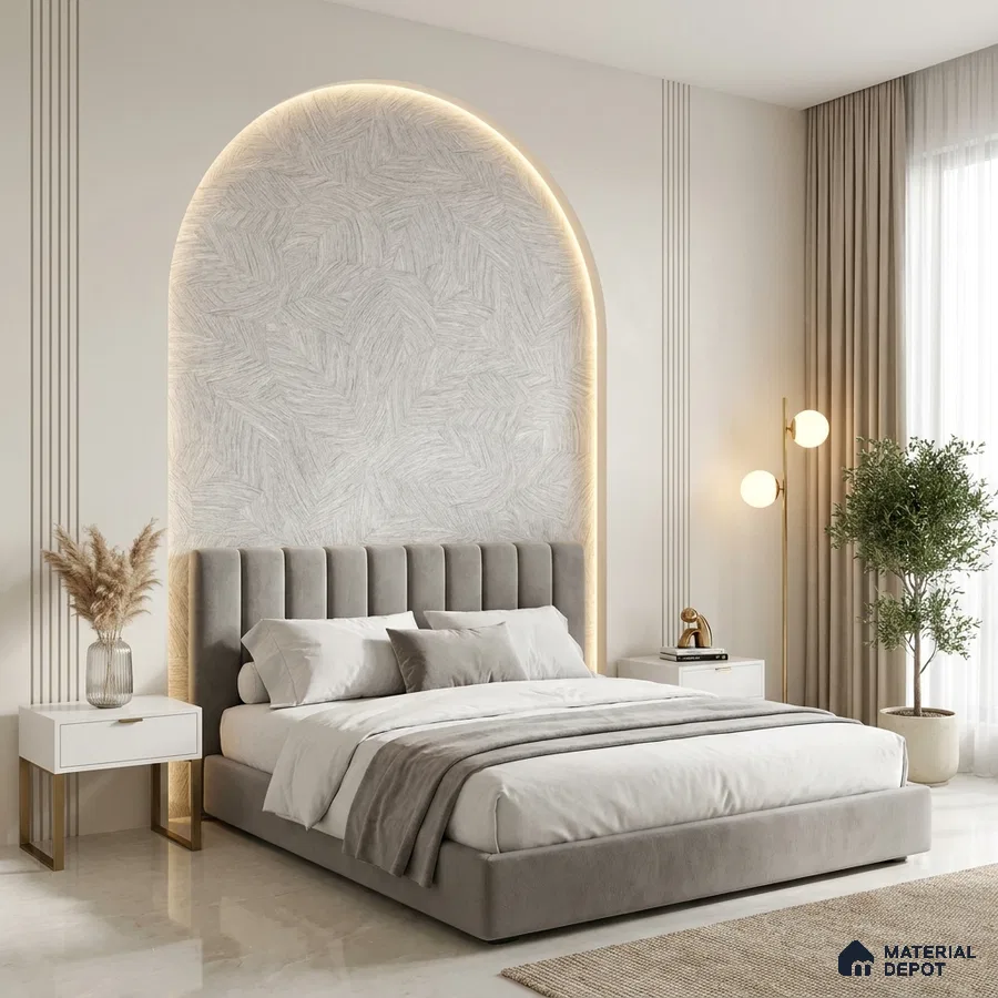 Minimalist bedroom with suede upholstered bed, textured wallpaper accent, and marble floor tile