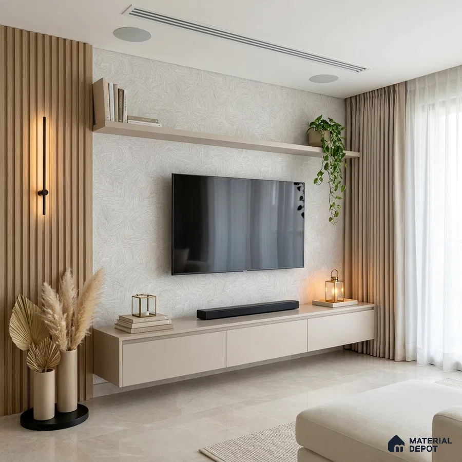 Minimalist living room with beige marble floor, light wood fluted wall panels, and matte beige laminate TV unit