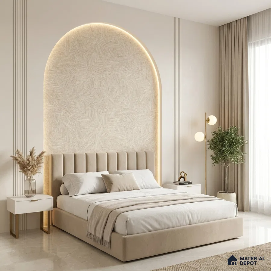 Minimalist bedroom with beige suede upholstered bed, textured wallpaper, and marble floor tile