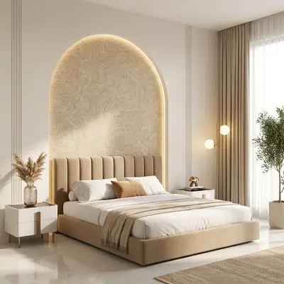Minimalist bedroom with suede upholstered bed, textured beige wallpaper, and marble floor tile