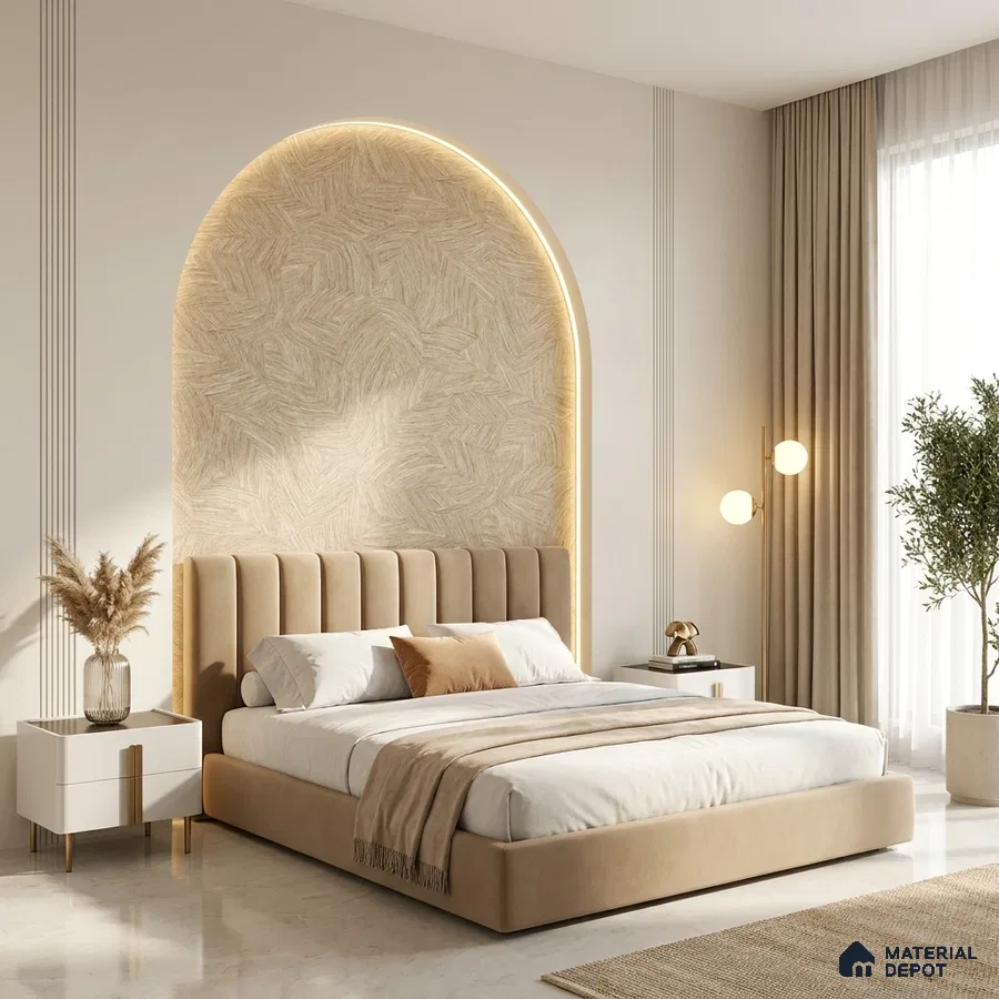 Minimalist bedroom with suede upholstered bed, textured beige wallpaper, and marble floor tile