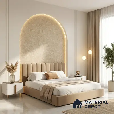 Minimalist bedroom with suede upholstered bed, textured beige wallpaper, and marble floor tile