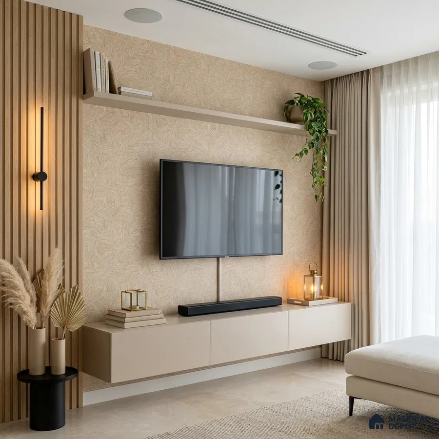 Scandinavian living room with beige matte laminate TV unit, light oak fluted wall panels, and textured wallpaper