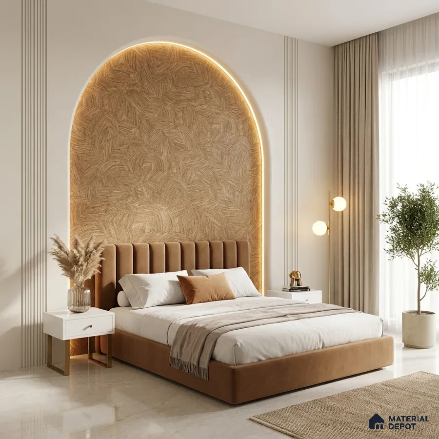 Modern bedroom with suede upholstered bed, textured beige wallpaper, and marble floor tile