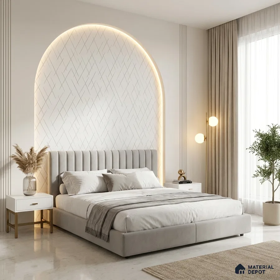 Minimalist bedroom with suede upholstered bed, white textured wall panel, and marble floor tile