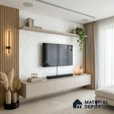 Minimalist TV unit with beige matte laminate, light oak fluted wall panels, and geometric white accent wall