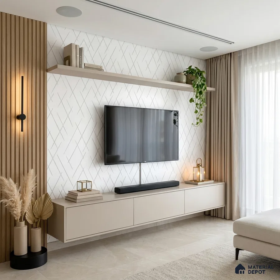 Minimalist TV unit with beige matte laminate, light oak fluted wall panels, and geometric white accent wall