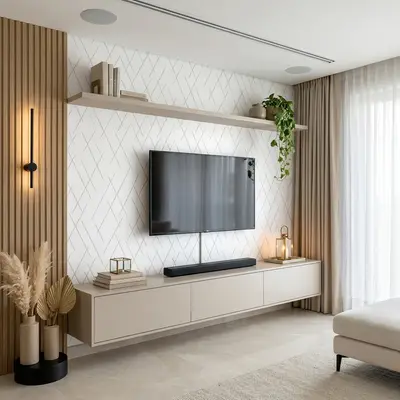 Minimalist TV unit with beige matte laminate, light oak fluted wall panels, and geometric white accent wall