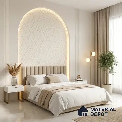 Minimalist bedroom with suede upholstered bed, beige accent wall panel, and marble floor tile