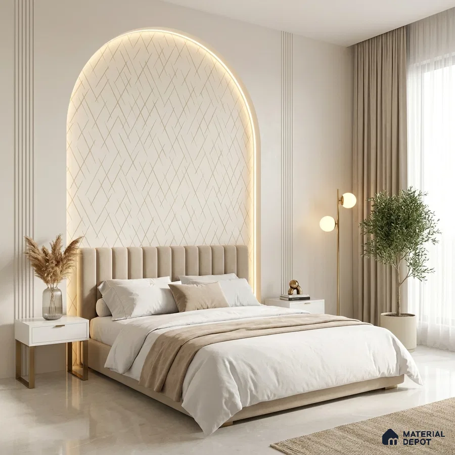 Minimalist bedroom with suede upholstered bed, beige accent wall panel, and marble floor tile