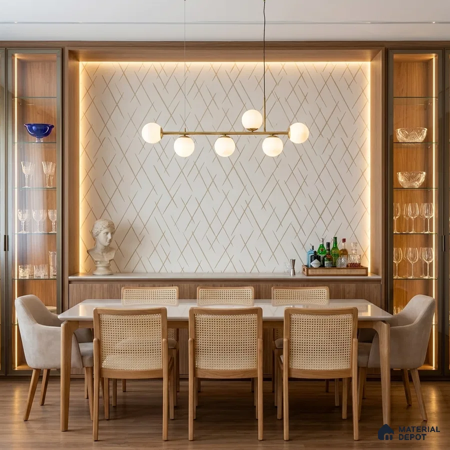 Modern dining room with white geometric wallpaper, natural wood veneer cabinetry, and cane back chairs