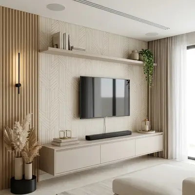 Minimalist living room with beige geometric wallpaper, fluted wood panels, and matte beige floating TV unit