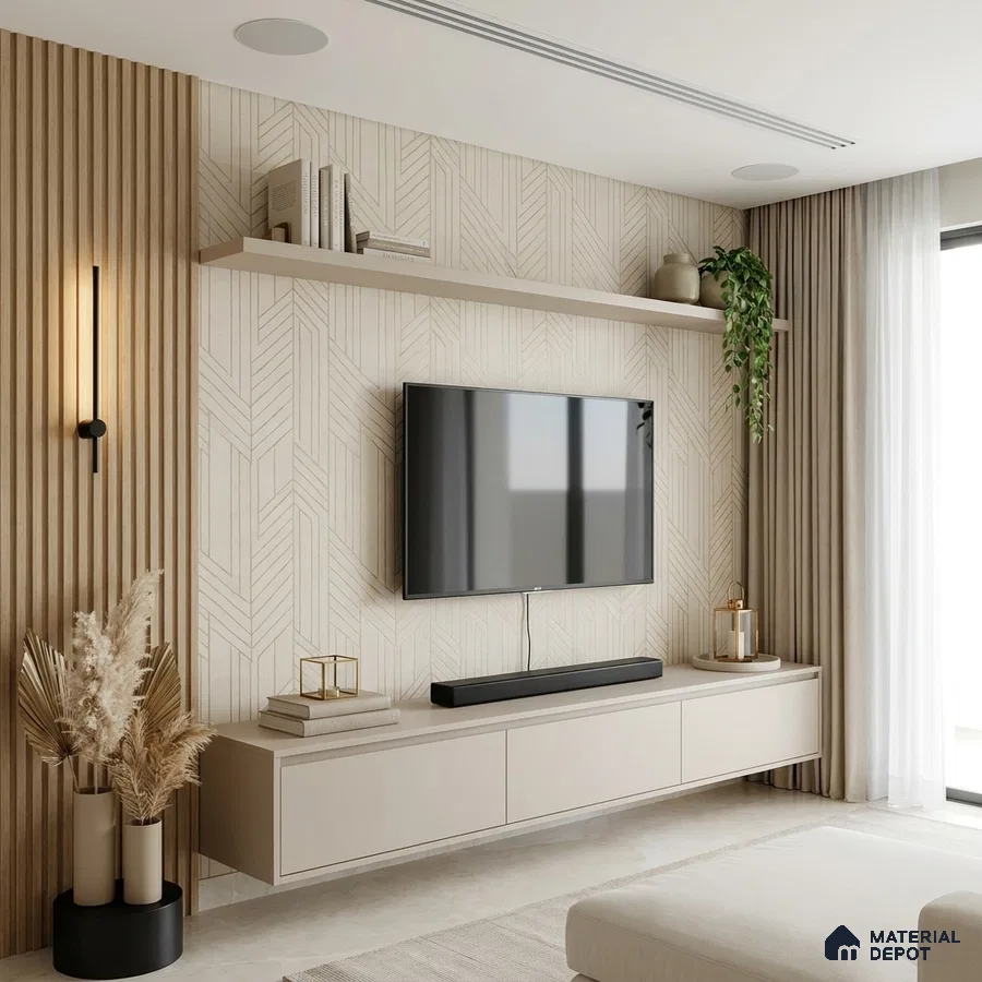 Minimalist living room with beige geometric wallpaper, fluted wood panels, and matte beige floating TV unit