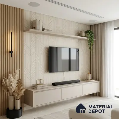 Minimalist living room with beige geometric wallpaper, fluted wood panels, and matte beige floating TV unit