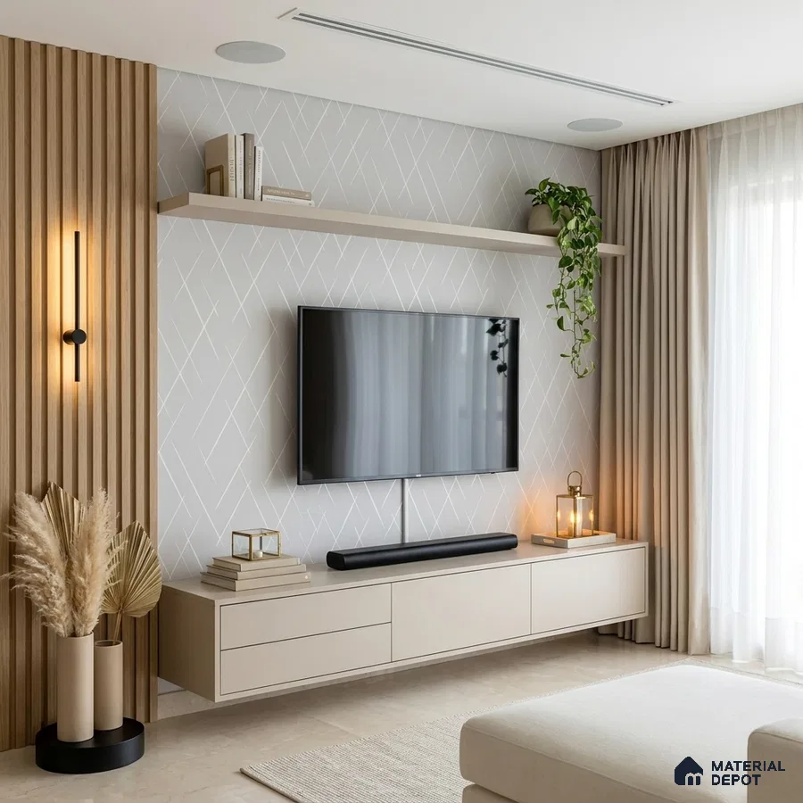 Scandinavian living room with beige laminate TV unit, light wood fluted panels, and geometric wallpaper