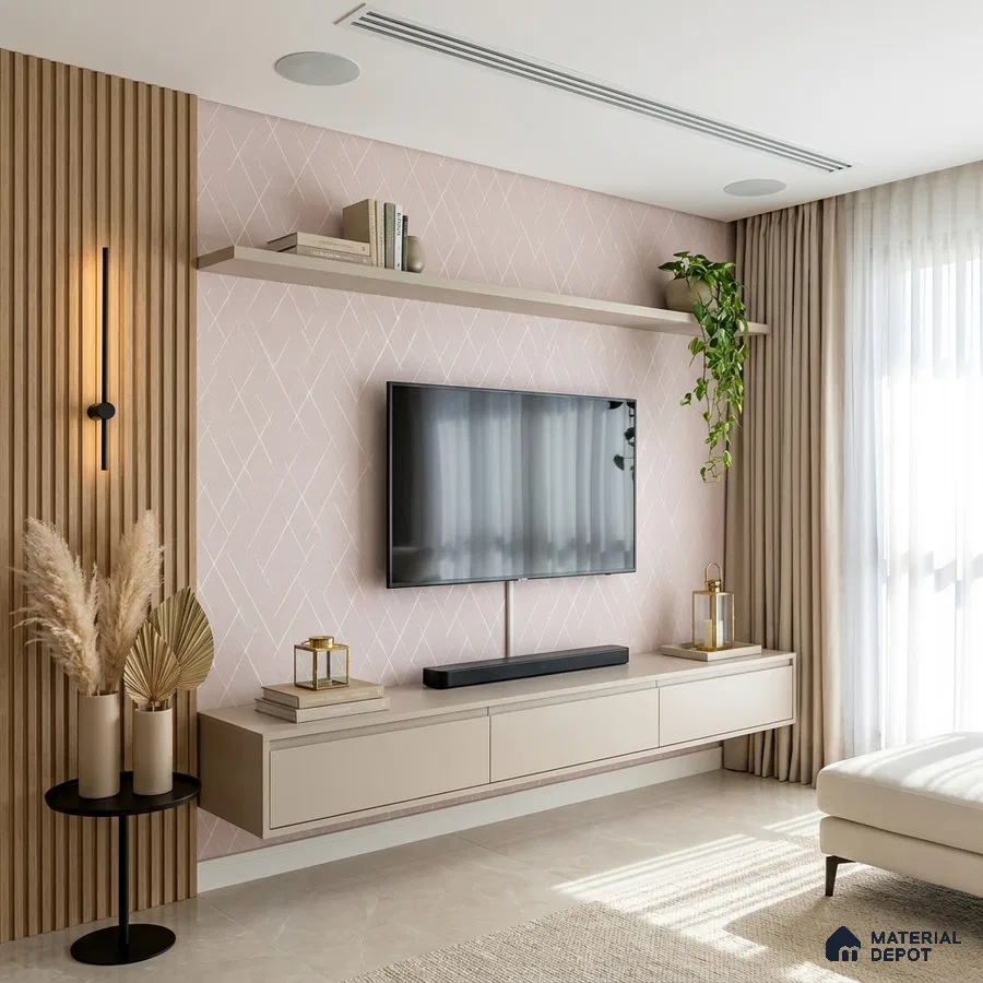 Scandinavian living room with beige laminate TV unit, light wood fluted panels, and pastel geometric wallpaper
