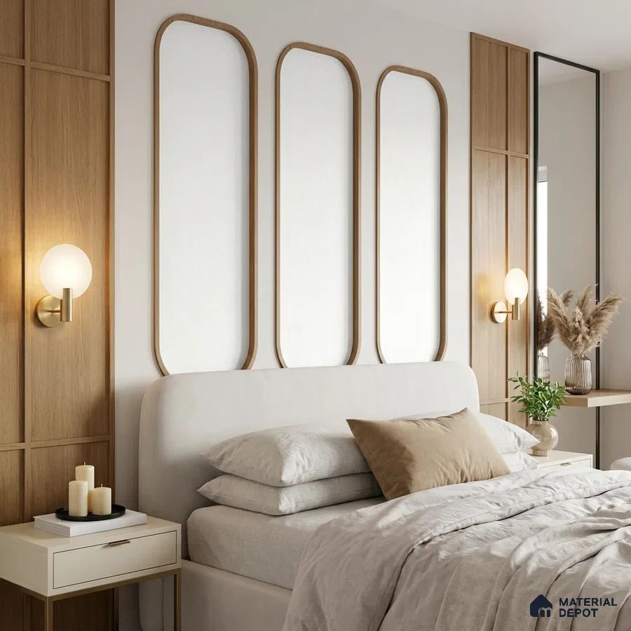 Scandinavian bedroom with natural oak wall panels and upholstered bed in neutral tones
