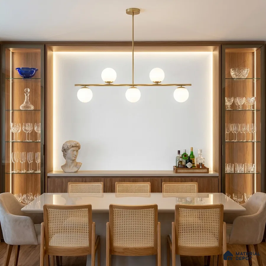 Mid-century modern dining room with cane back chairs, white quartz tabletop, and walnut wood cabinetry