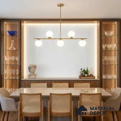 Mid-century modern dining room with cane back chairs, white quartz tabletop, and walnut wood cabinetry