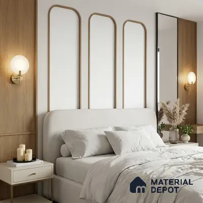 Scandinavian bedroom with natural oak wall panels and ivory upholstered bed