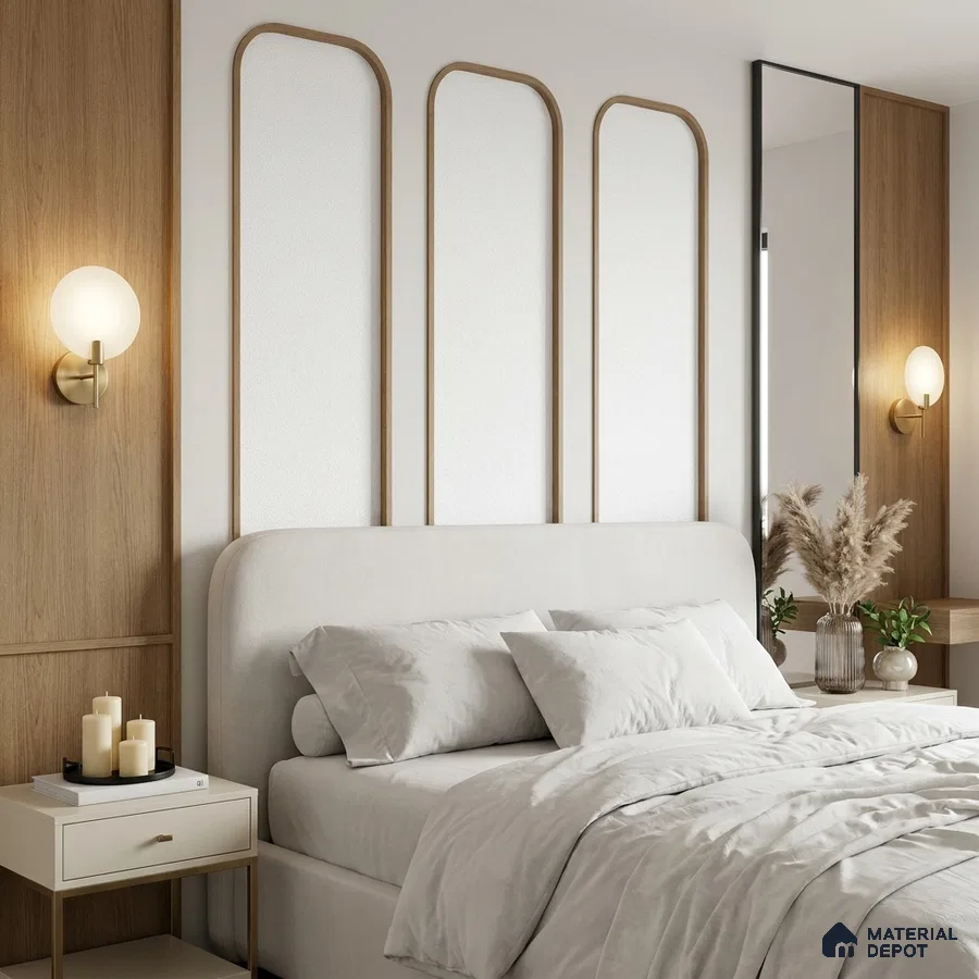 Scandinavian bedroom with natural oak wall panels and ivory upholstered bed