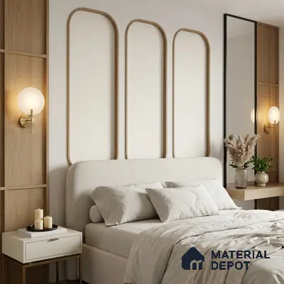 Scandinavian bedroom with light oak wood panels and ivory upholstered bed