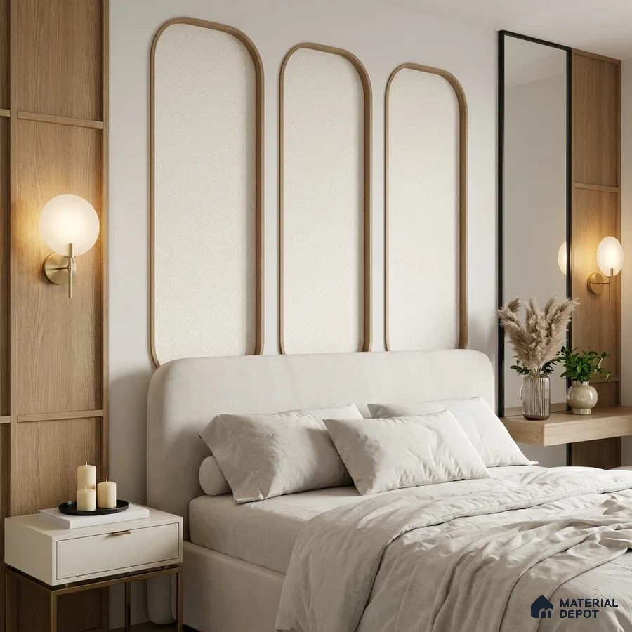 Scandinavian bedroom with light oak wood panels and ivory upholstered bed