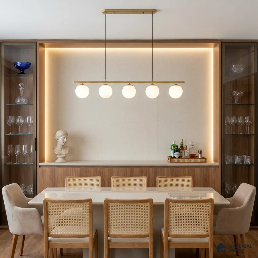 Mid-century modern dining room with natural wood veneer, cane back chairs, and white stone tabletop