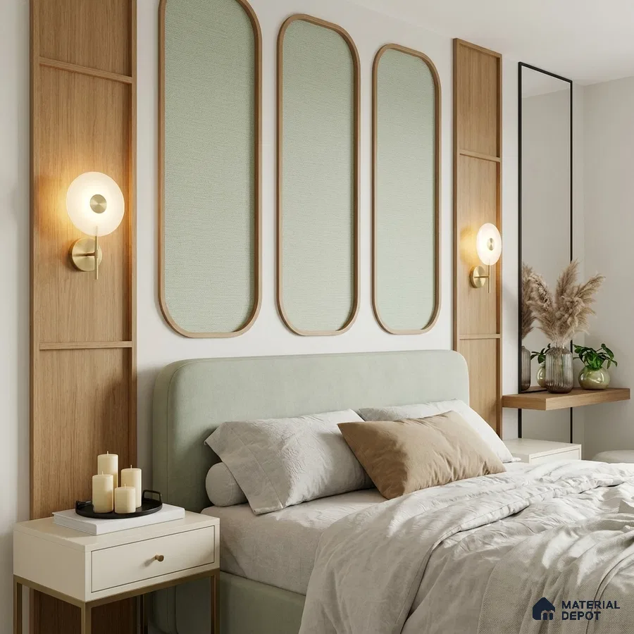 Japandi bedroom with sage green suede upholstered bed, natural wood panels, and neutral palette