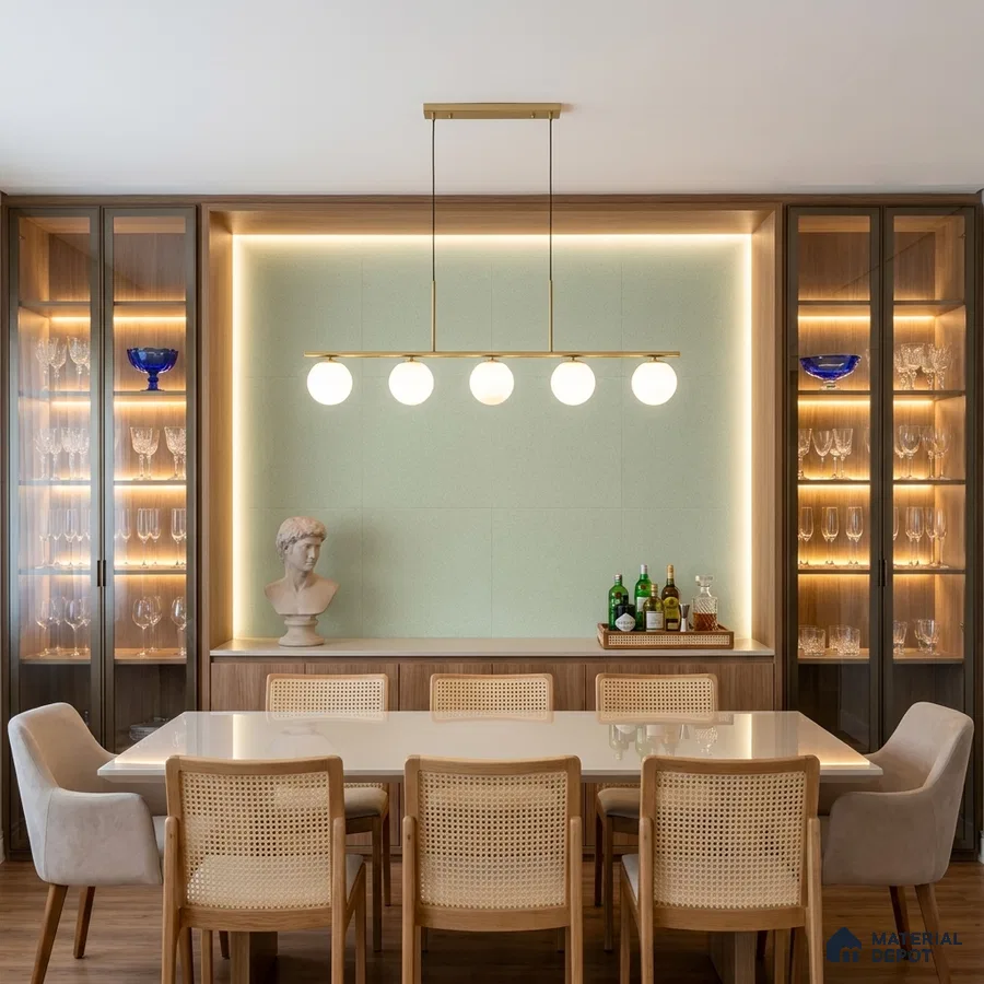 Modern dining room with light wood veneer, cane back chairs, and backlit glass display cabinets