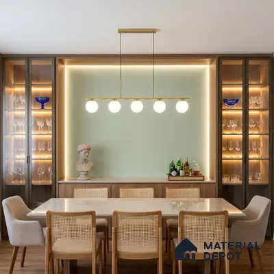 Modern dining room with light wood veneer, cane back chairs, and backlit glass display cabinets