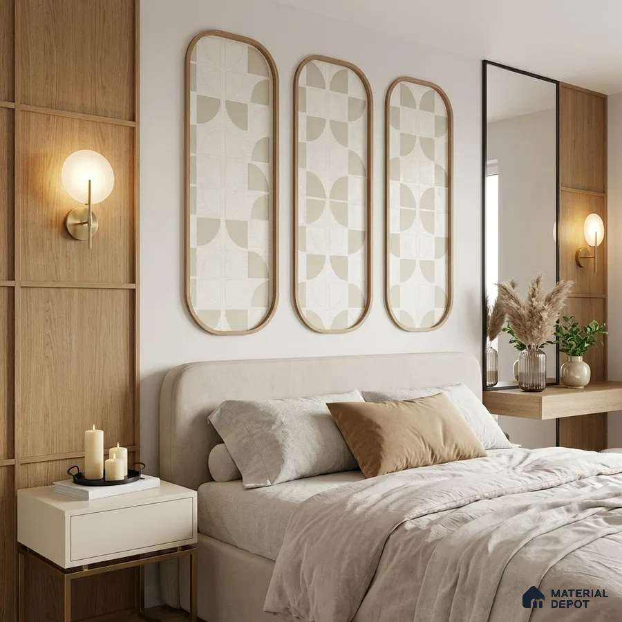 Scandinavian bedroom with light oak wood panels, beige suede upholstered bed, and geometric wall art