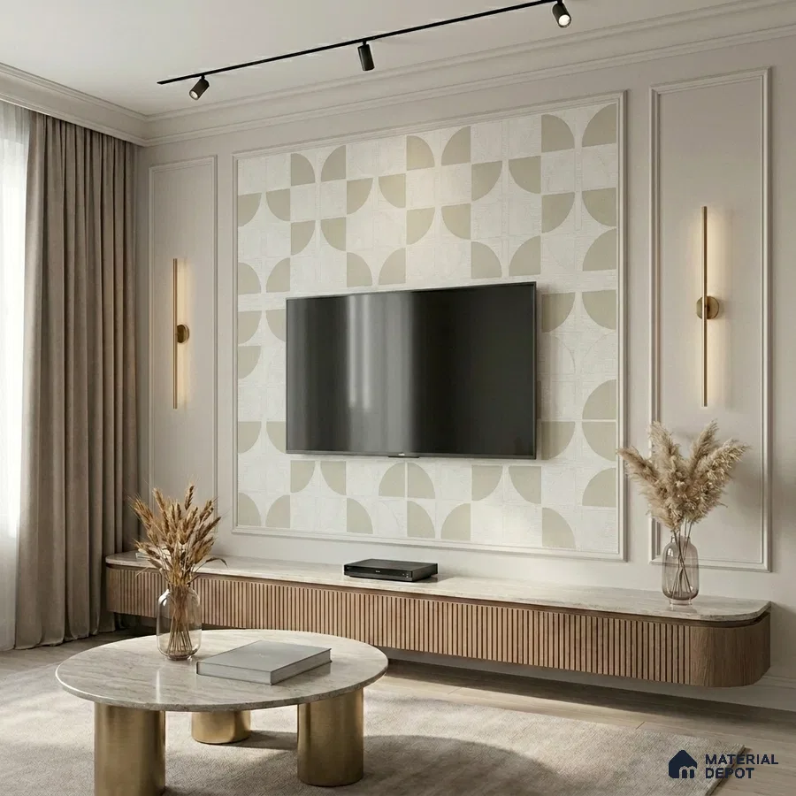 Modern living room with geometric patterned wall tile, fluted wood laminate TV unit, and marble coffee table