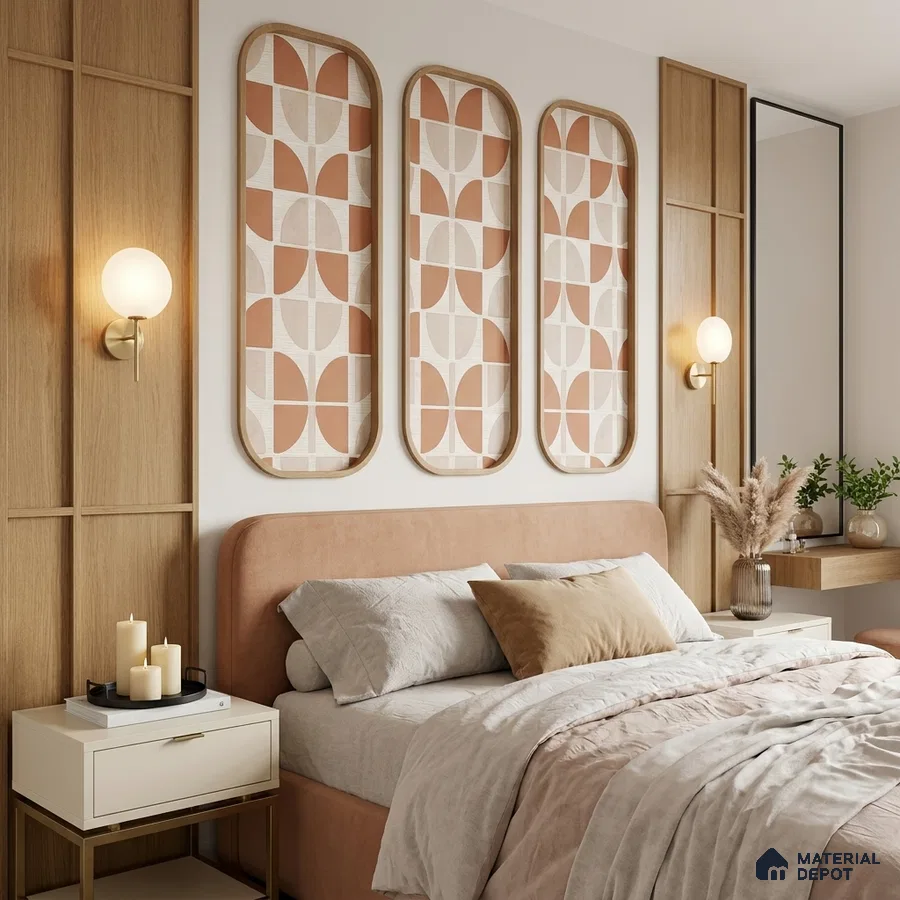 Scandinavian bedroom with light oak wall panels and blush suede upholstered bed