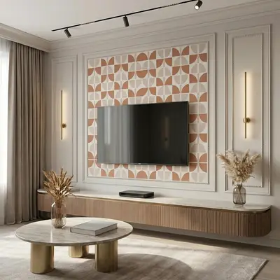 Modern living room with geometric patterned accent wall, fluted wood TV unit, and marble coffee table