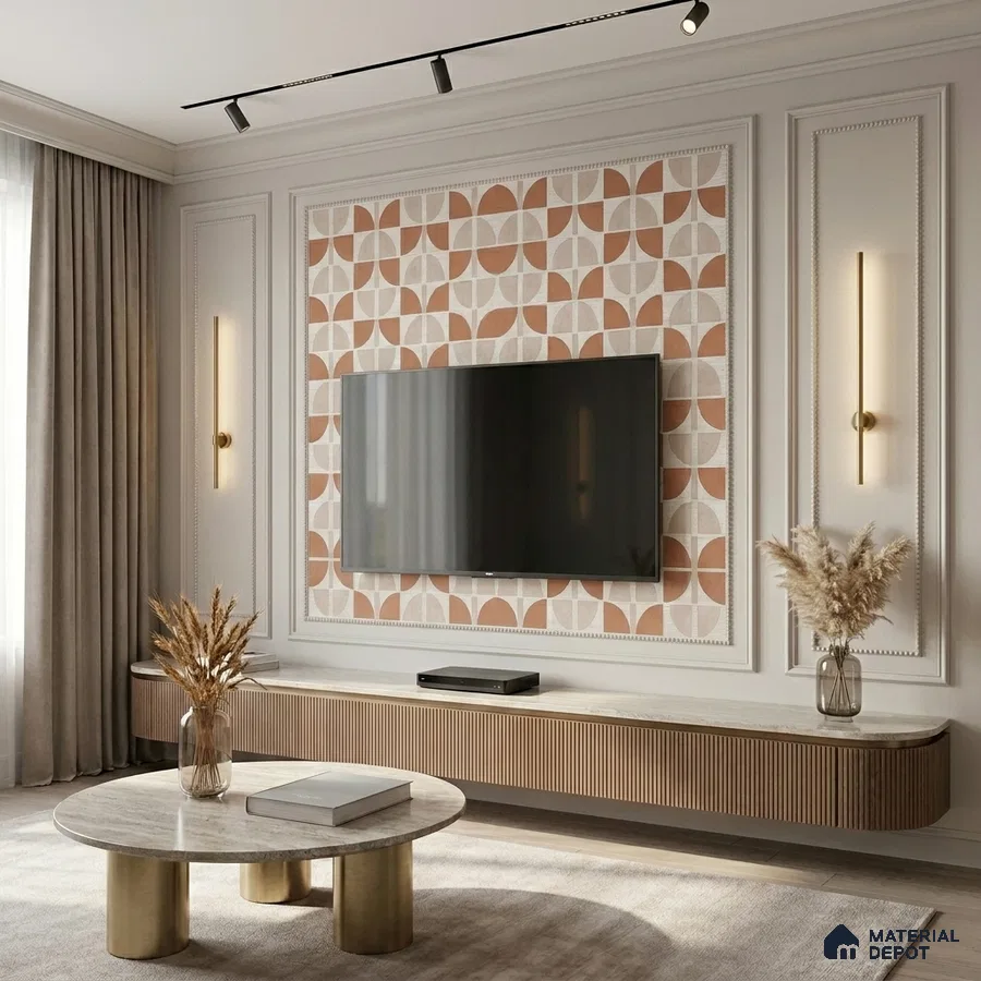 Modern living room with geometric patterned accent wall, fluted wood TV unit, and marble coffee table
