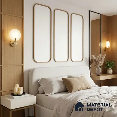 Scandinavian bedroom with light oak laminate wall panels and beige upholstered bed