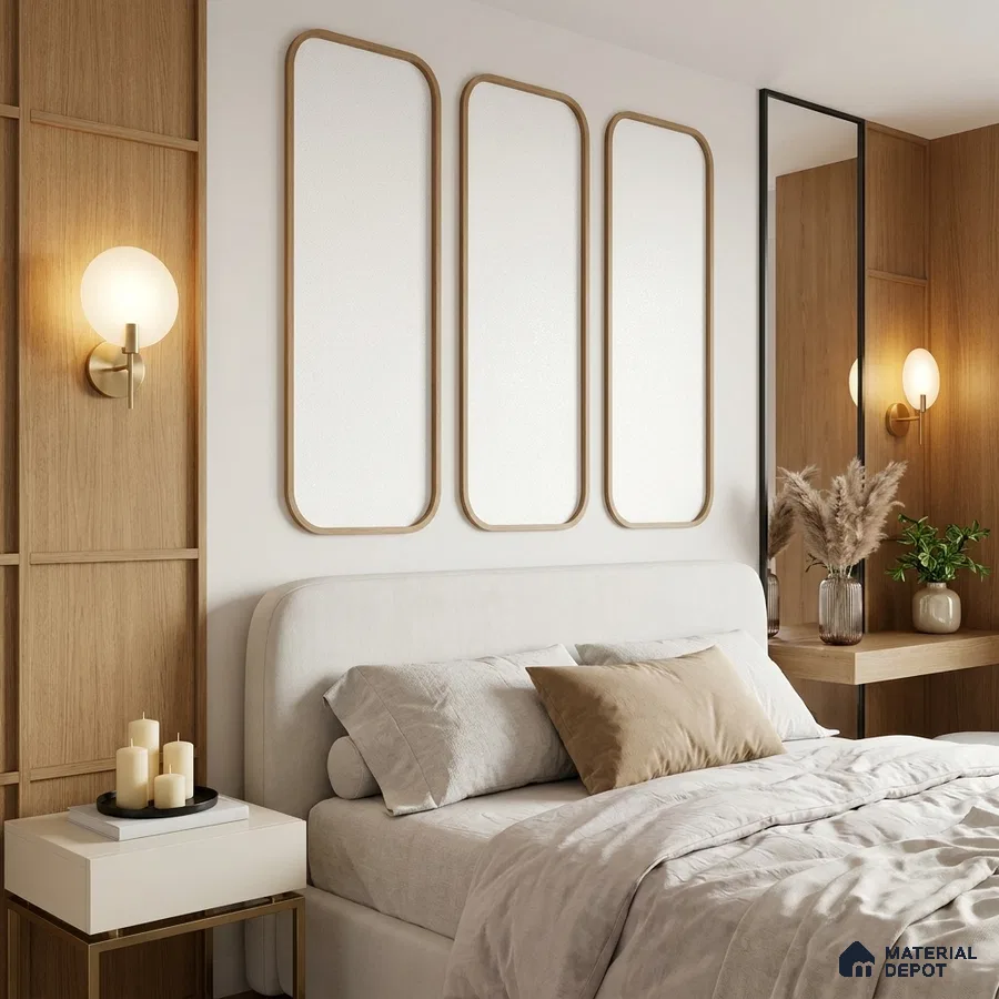 Scandinavian bedroom with light oak laminate wall panels and beige upholstered bed