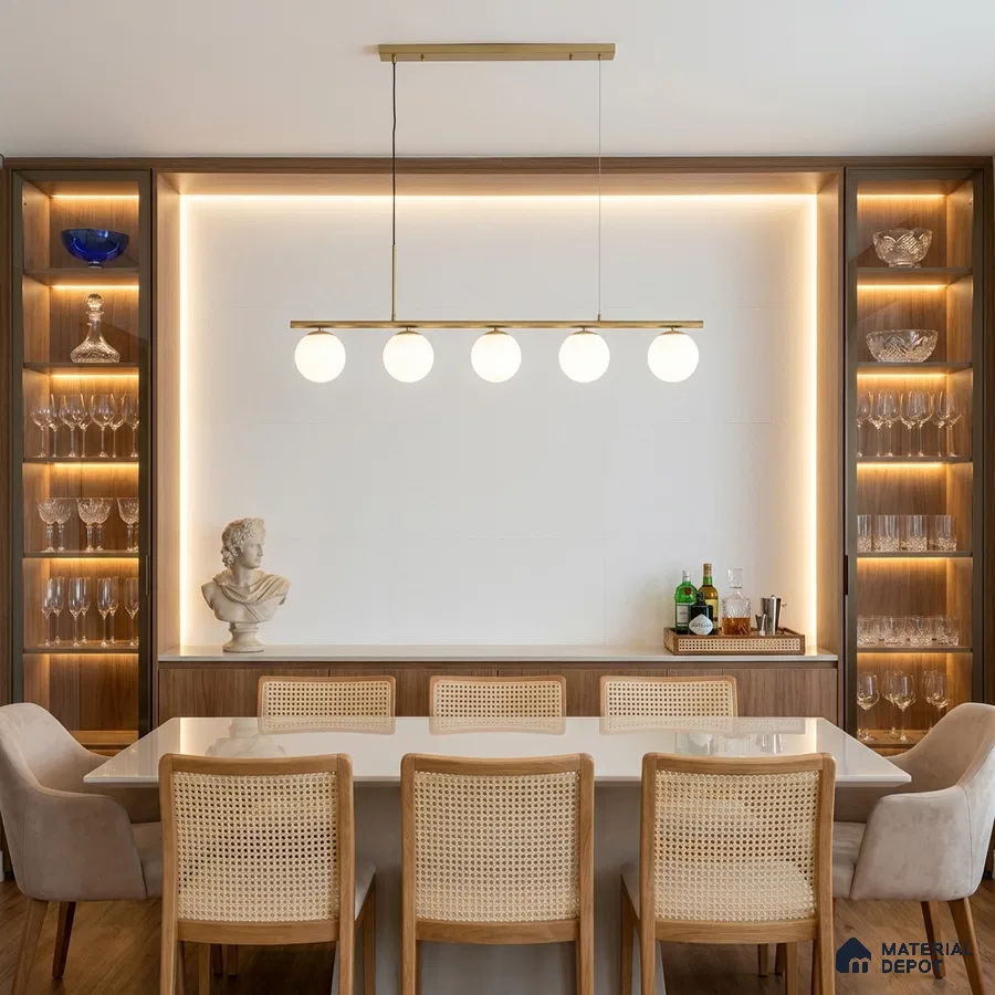 Modern dining room with white stone tabletop, natural wood cabinetry, and cane back chairs