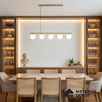 Modern dining room with white stone tabletop, natural wood cabinetry, and cane back chairs