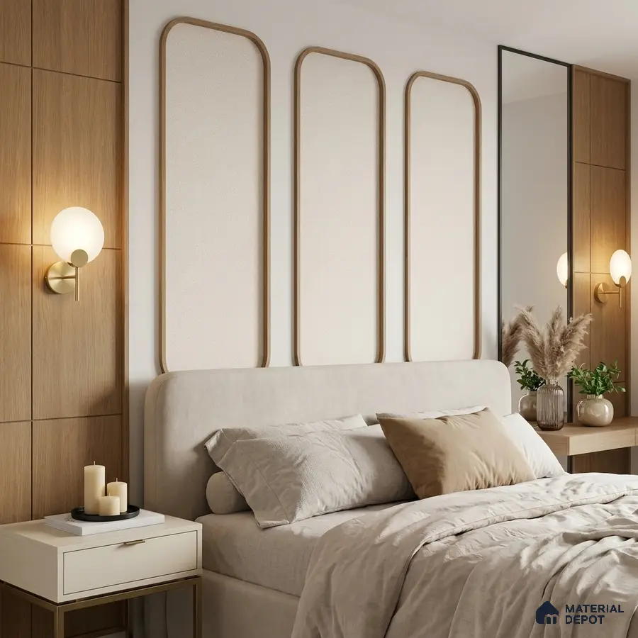 Scandinavian bedroom with light oak wall panels and beige suede upholstered bed