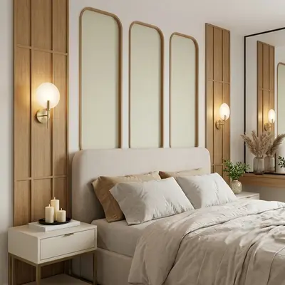 Scandinavian bedroom with natural oak wood panels and beige upholstered bed