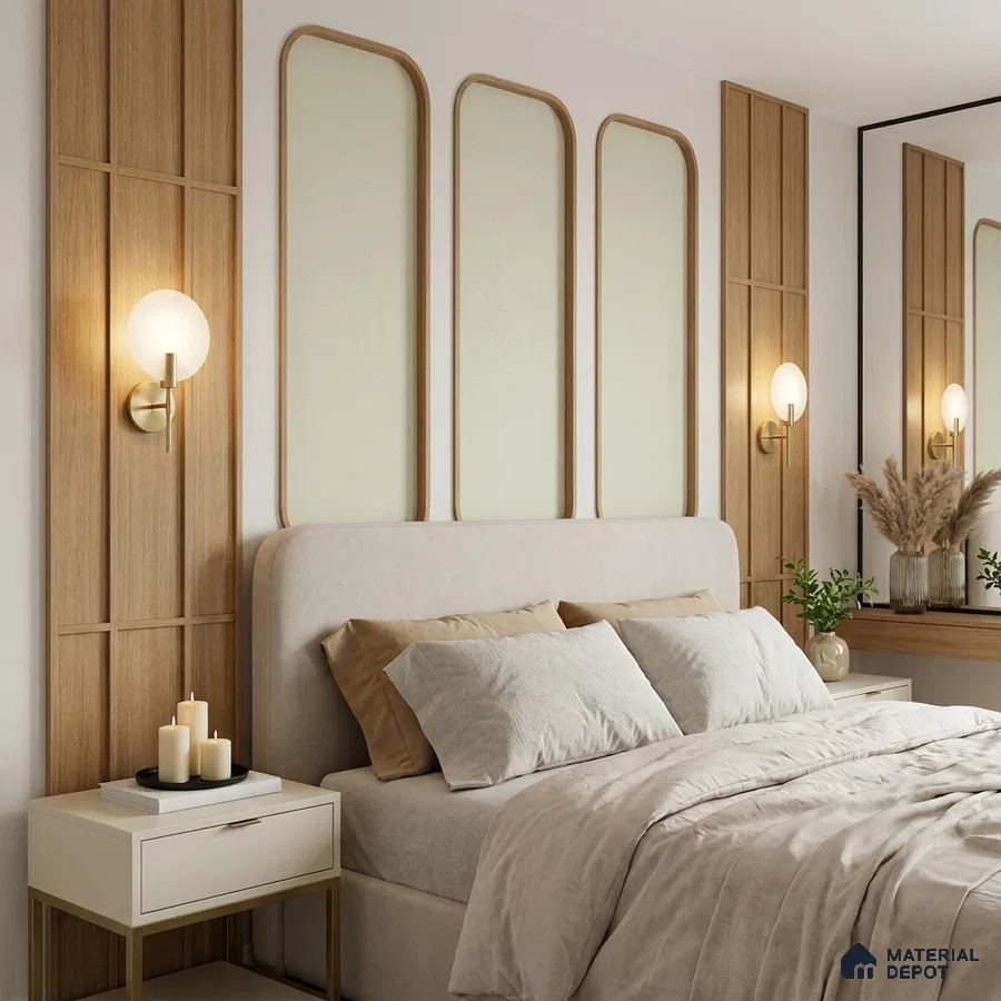 Scandinavian bedroom with natural oak wood panels and beige upholstered bed