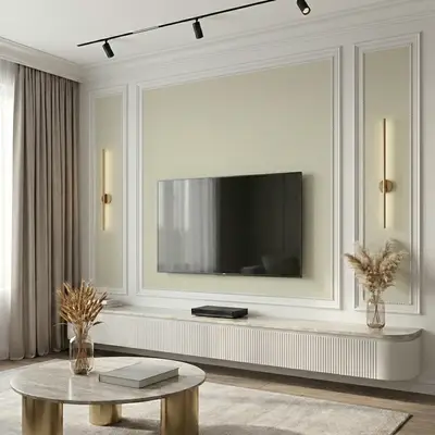 Modern living room with white fluted TV unit, marble laminate top, and gold accent decor