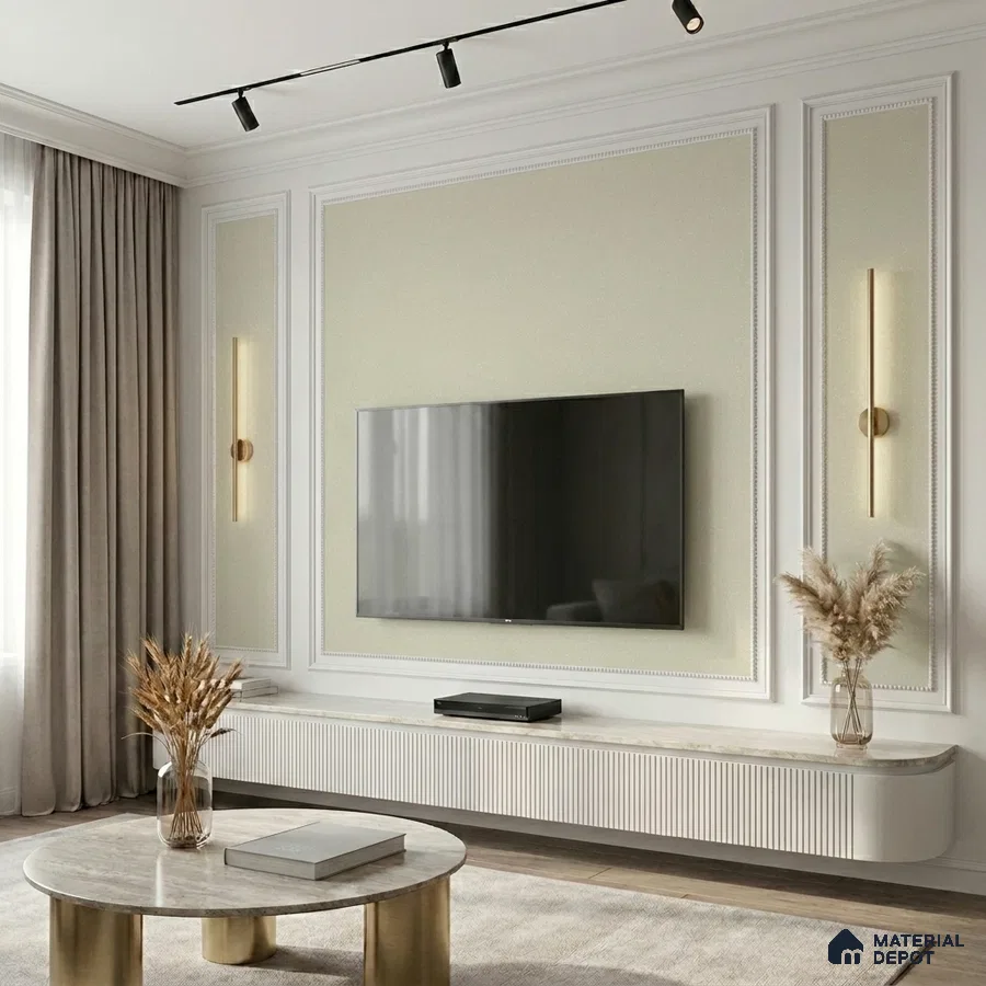 Modern living room with white fluted TV unit, marble laminate top, and gold accent decor