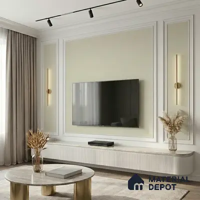 Modern living room with white fluted TV unit, marble laminate top, and gold accent decor